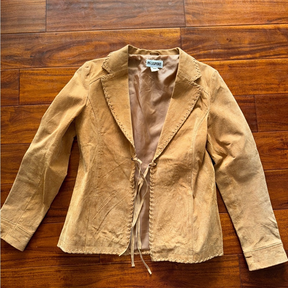 Passport Women's Tan Leather Fringe Tie Front Blazer Jacket Size L